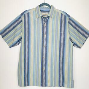TOMMY BAHAMA Silk Cotton Stripe Shirt Men M Blue Green SS Button Up Hawaiian EUC